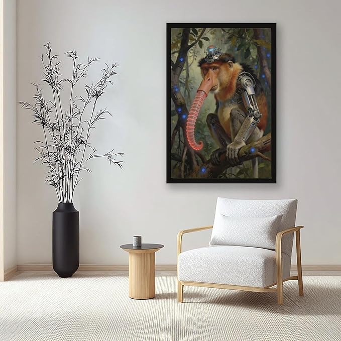 Framed Steampunk Mechanical Proboscis Monkey Wall Art - Jungle Neon Retro Poster for Apartment Leisure Area Decor 12x18in