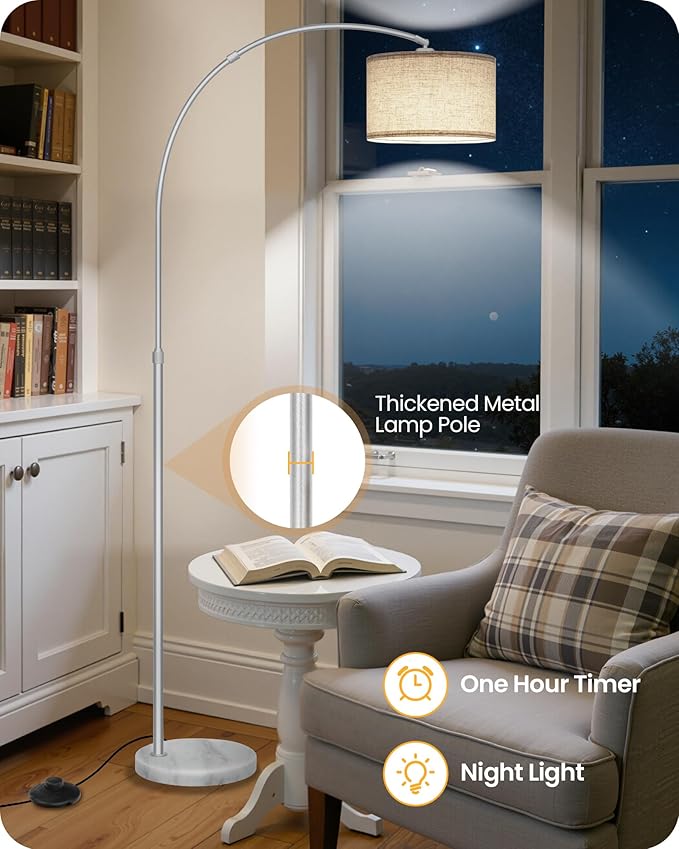 75" Arc Floor Lamp with Marble Base and Adjustable Height, Rotating Hanging Shade, Dimmable Floor Lamp for Living Room with Remote and Foot Switch, 3CCT, Beige Shade and Silver Pole SE15LD05N1