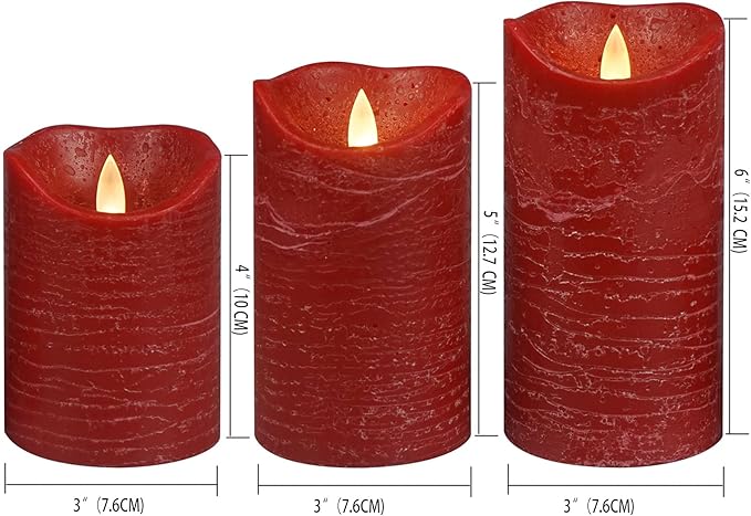CANDLE CHOICE Battery Operated Flameless Candles with Timer Real Wax Realistic Flickering Electric LED Pillars Automatic Built-in Daily Cycle Timer 6-Hour on 18-Hour Off Set of 3 Rustic Texture Red
