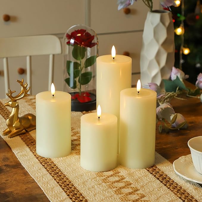 Lezonic Ivory LED Flameless Candles with Remote Timer, 4 Pack Battery Operated Candles Flickering, Grease Design Real Wax Pillar for Wedding Decor, Centerpiece, Birthday Gifts (4/5/6/8 Inch)