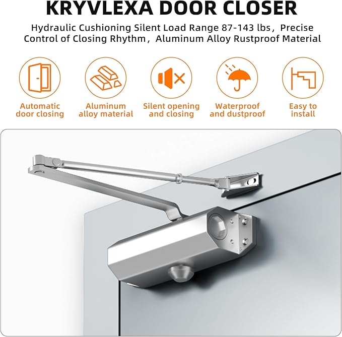 Closer Heavy Duty Automatic Door Closer (Silver Aluminum), Spring Loaded Hydraulic Automatic Door Closer with Adjustable Closing Speed and Force for Interior, Exterior Doors (Silver)