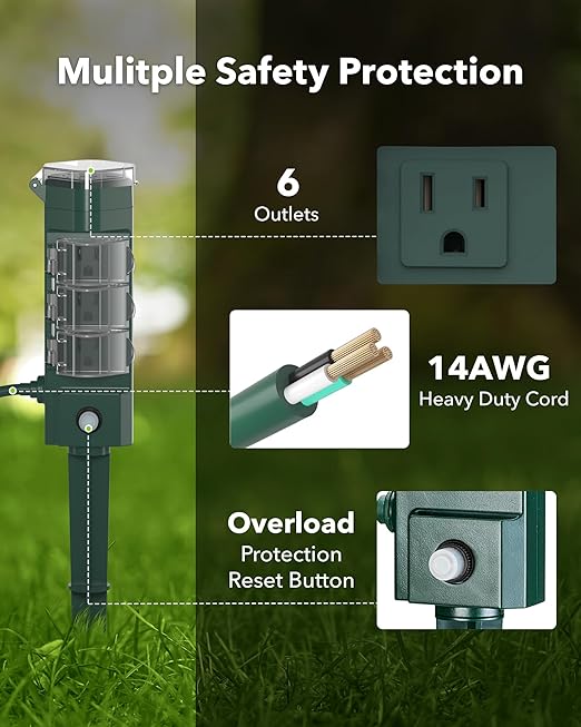 HBN 24 Hour Mechanical Outdoor Tmer for Lights Waterproof,6 Outlets Power Yard Stake for Halloween/Christmas Decorations,Outside Power Strip for Yard Garden,6 ft Extension Cord,1875W/15A