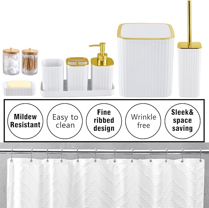 Bathroom Accessories Set-23Pcs Set, Complete Bathroom Essentials, Bathroom Set with Shower Curtain and Liner Sets, Trash Can, Soap Dispenser,Modern Bathroom (White, Bath Set+Shower Curtain&Liner Set)