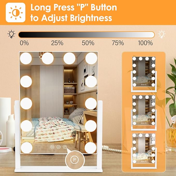Vanity Mirror with Lights, Hollywood Lighted Makeup Mirror with 3 Color Lighting Modes and 12 Dimmable Bulbs, Detachable 5X Magnification, Smart Touch Control, 360°Rotation, White