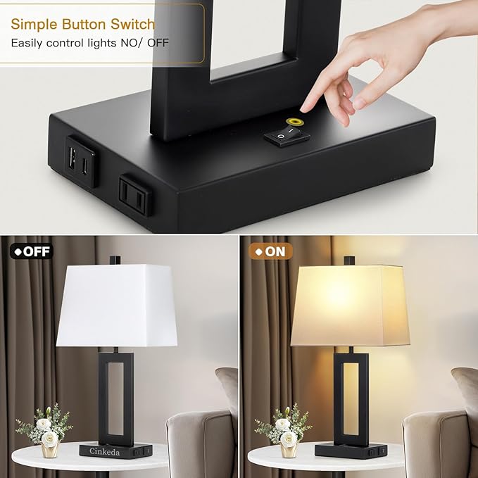 Table Lamp Set of 2 with USB C+A Ports & AC Outlet, Bedside Lamps, Modern Bedroom Lamps, Black Lamps for Bedroom Living Room,Nightstand Lamp（Push Button Swich/NO dimming