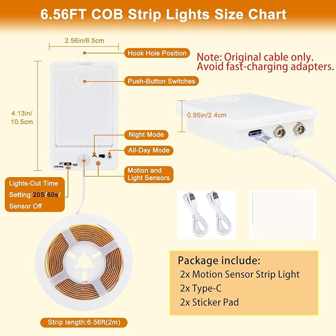 OMIKA COB Motion Sensor LED Strip Light, 6.56ft 640LEDs 2700K Warm White Closet Lights, Rechargeable Stair Strip Lights for Bed, Pantry, Shelves, Cabinet, Locker,2 Pack