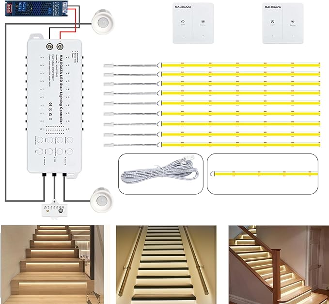 Motion Sensor LED Stair Light Kit, Multiple Working Mode Step Lights Including 3.28ft Cuttable COB LED Strips Indoor with Pannel Switch (20Stairs,3000K)