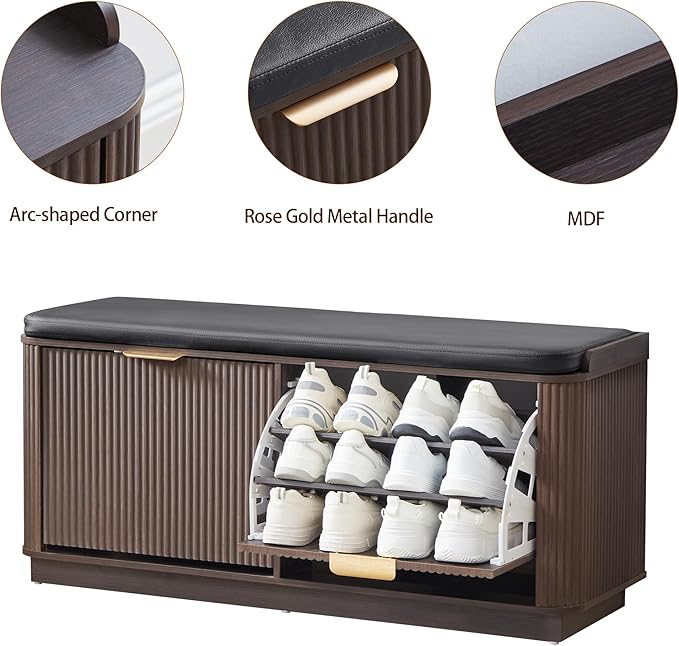 43.3''W Fluted Shoe Rack Bench with 2 Flip Drawers, Entry Bench Seat with 3-Tier Shoe Storage and Leather Cushion, Shoe Organizer Bench for Entryway, End of Bed, Living Room - Espresso