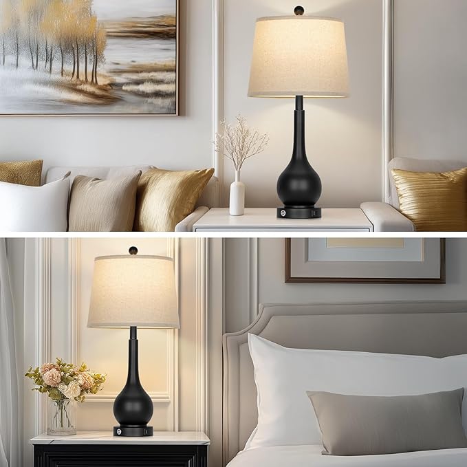 26" Black Table Lamp for Living Room Single, Touch Control Bedside Lamp for Nightstand, 3-Way Dimmable End Table Lamp for Bedroom with USB Charging Port (1 Pack)