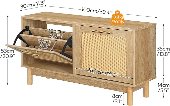 HOOBRO Rattan Shoe Storage Bench with Double Flip Drawers, Narrow Shoe Storage Organizer for Entryway, 11.8"D x 39.4"W x 20.9"H Hidden Space Saving Wooden Shoe Cabinet for Hallway, Natural NL51HX01