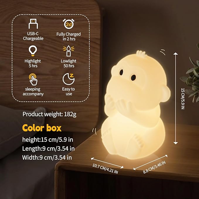 Monkey Night Light for Kids, Remote & Tap Control, Color Change, 15/30/60 Min Timer, Dimmble, USB-C Rechargeable Squishy Night Light, Cute Night Lamp for Boys, Girls (Monkey)