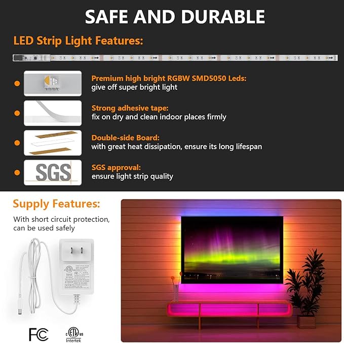 RGBW Under Cabinet Lighting Kit with App and Remote Control 6 PCS LED Strip Lights for Kitchen Cabinet, Counter, TV Shelf, Desk, Music Sync, Color Changing, ETL Listed Power Supply, 9.8ft