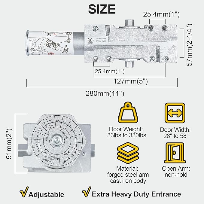 Grade 1 Commercial Door Closer, Extra Heavy Duty Hydraulic Auto Closer, Cast Iron Body & Forged Steel Arm, Size 1-6, Self-Closing, UL 3 Hour Fire Rated, ADA, 3 Mount Types, DC-OB