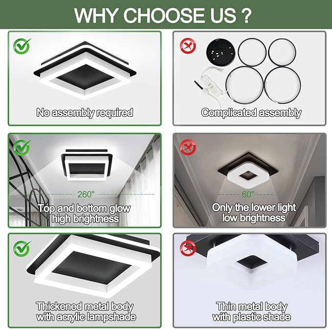 CANEOE 2 Packs Square Flush Mount Ceiling Light, 6000K Modern LED Ceiling Light Fixture, Minimalist Hallway Lighting Fixture Ceiling Lamp for Hallway Entryway Bedroom Balcony (Matte Black)