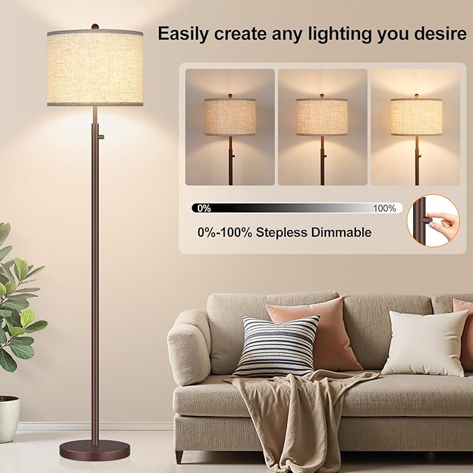 Nintiue 【Upgraded】 Dimmable Floor Lamp for Living Room, 11W LED Bulb Included, Modern Standing Lamp, Tall Pole Light with Linen Shade for Bedroom Reading Office Corner Nursery-Matte Brown