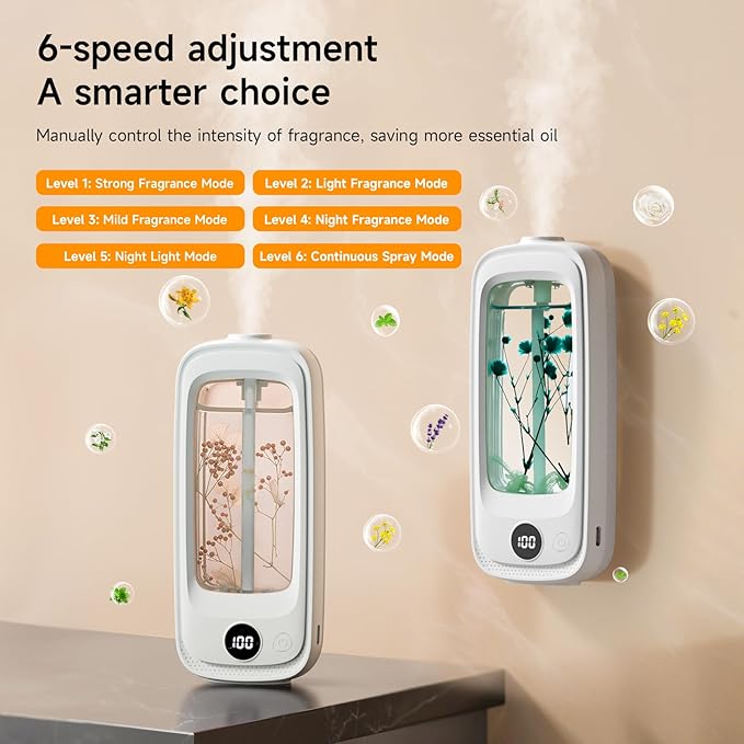 Small Waterless Oil Diffuser, Cordless Aromatherapy Diffusers with Real Flowers | 3 Scents Home Fragrance, 6-Speed Adjustable Air Freshener for Office & Bedroom