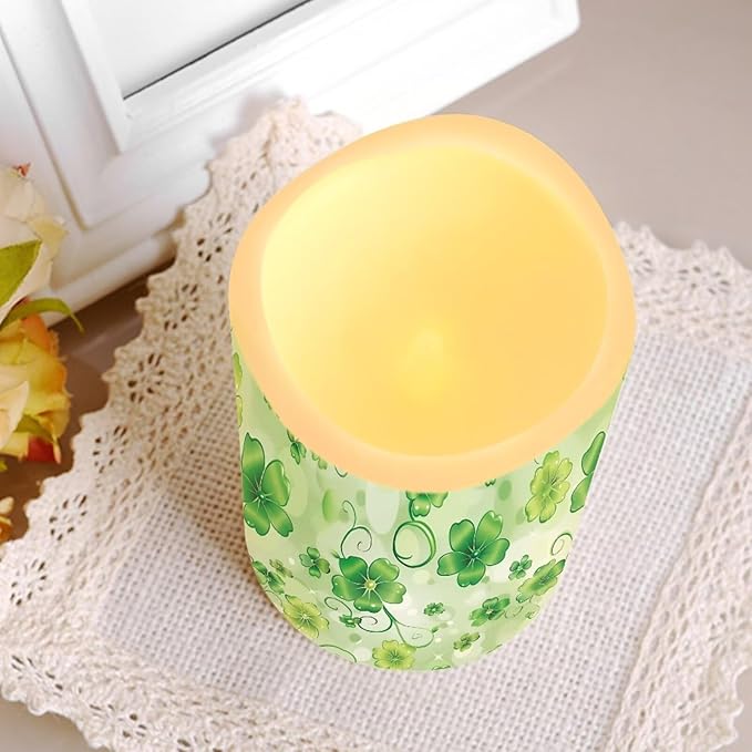 Saint Patrick's Day Green Leaf Plastic Flameless Candles with Remote Control and Timer LED Flickering Battery Electric Pillar Candles for Table St. Patrick's Day Decoration