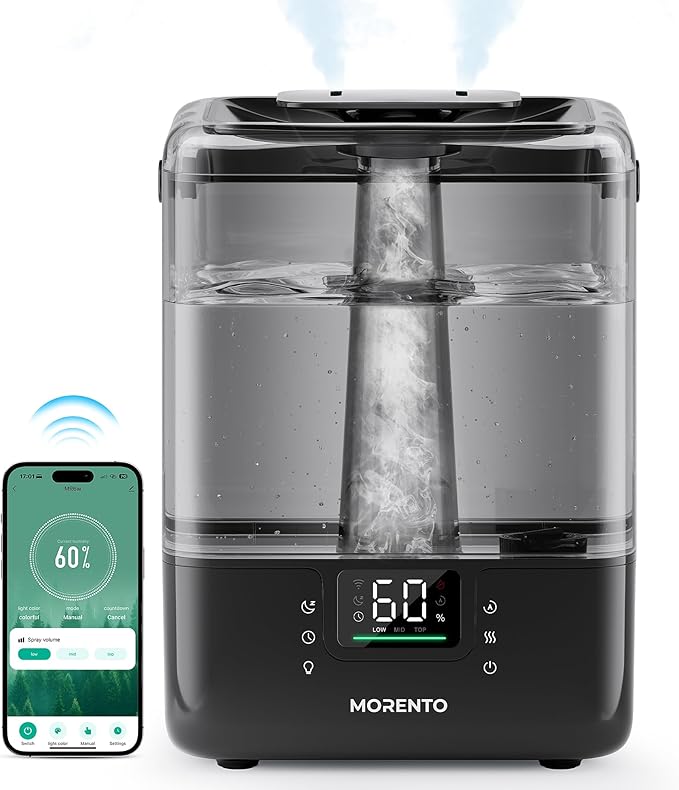 Smart Humidifiers for Bedroom Large Room Home, 6L Cool Mist Top Fill Humidifier with Essential Oil Diffuser, Smart App & Voice Control, for Nursery & Plants, Black, 1 Pack + 7 Color NightLight