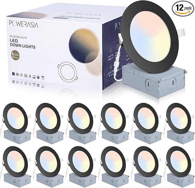 12 Pack Recessed Lighting 4 Inch with Junction Box, 5CCT 4 Inch Black LED Recessed Lights Dimmable 2700K/3000K/4000K/5000K/6000K, 9W 700lm Ultra Thin Recessed Lighting - ETL and Energy Star Certified
