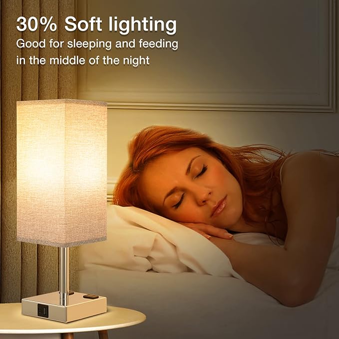aooshine Gray Set of 2 Touch Lamps with USB Port Nightstand Lamp with USB-C+A Charge Ports & AC Outlets, 3-Way Dimmable Bedside Lamp, Small for Bedroom Living Room (Bulb Included)