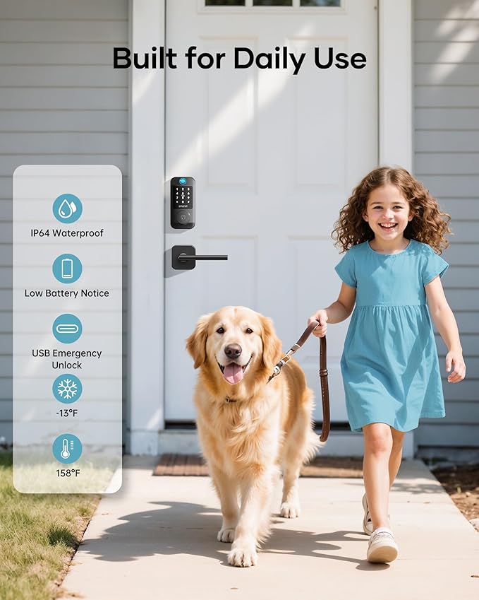 Keyless Door Lock with Handle Set - SMONET WiFi Fingerprint Smart Locks for Front Door, App Remote Control, Digital Bluetooth Keypad Deadbolt Set with Alexa, Auto Lock, Code, Fobs for Home Black