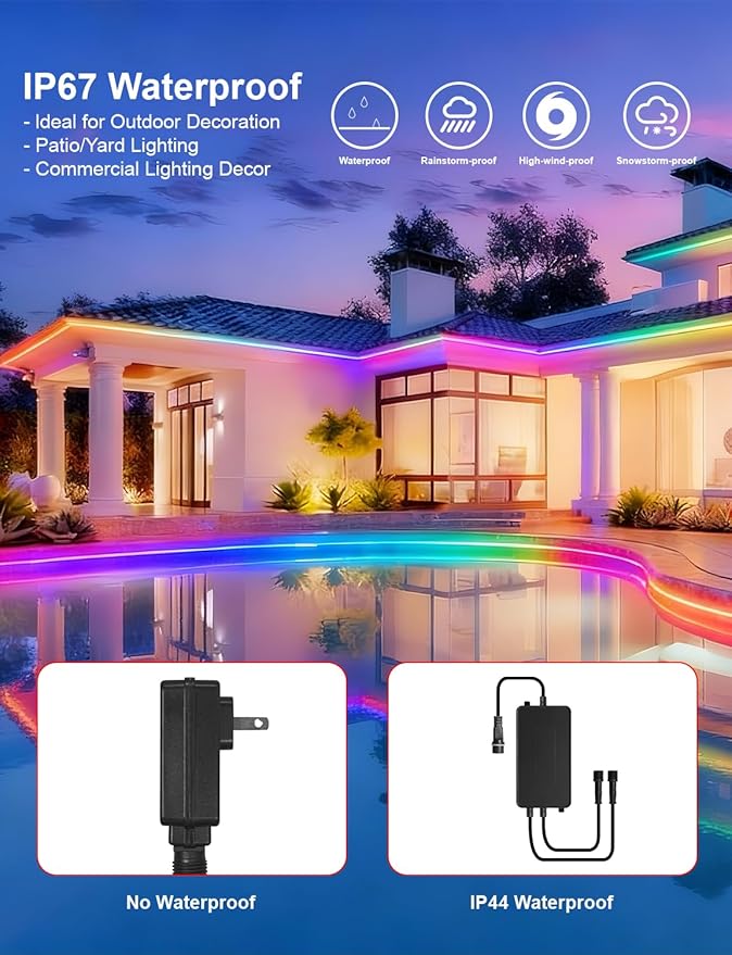 20ft/6m COB LED Strip Lights, RGB Smart IC, IP67 Waterproof, Dimmable , Color Flowing Tape Light with App Control & Music Sync, Dotless LED Light for Outdoor, Patio, christmas & Party Decorations