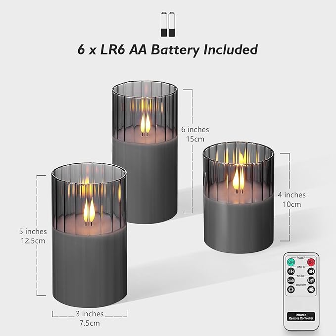 Rhytsing Smoked Ribbed Glass Battery Operated LED Candles with Remote, Flameless Candle with Timer Gift Set for Home Decor, Warm White Lights- Include 6 Batteries - Set of 3