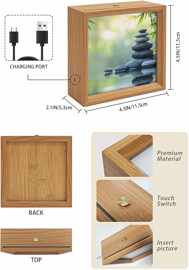 Wood Night Light Box 4.5x4.5in,Zen Meditation Stone Lake Table Lights Wooden Picture Frame with USB Rechargeable Touch LED Lights for Home Decor Desktop Display,Nature Landscape Still Life