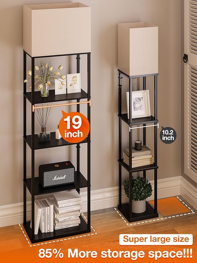 addlon Floor lamp with Shelves Super Large Size (19''W), 5-Tier Modern Floor lamp with 3 Color Temperatures LED Bulb, Display Shelf lamp for Living Room, Bedroom and Office - Black