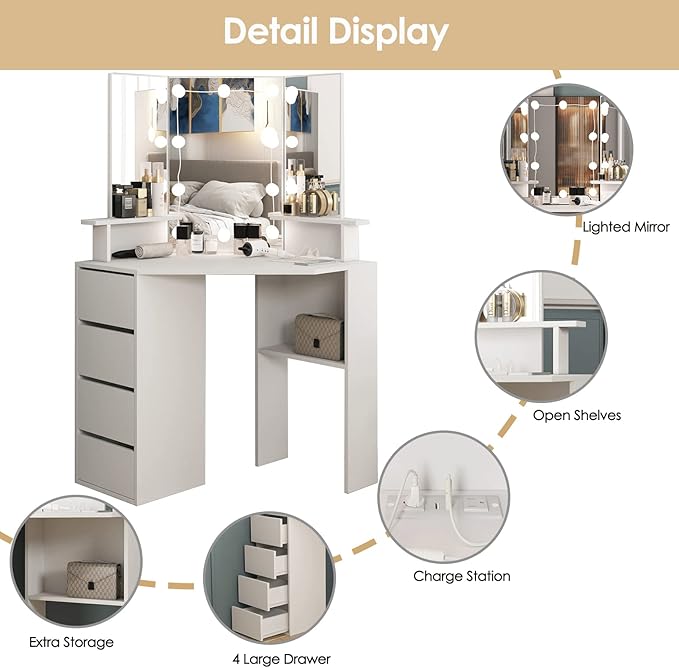 Vabches Corner Vanity Desk with Lighted Mirror & Power Strip,White Makeup Vanity Table with Lights,42 inch Corner Vanity Mirror with Lights and 4 Drawer, 3 Lighting Modes, Brightness Adjustable