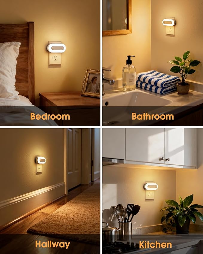 Plug-in LED Night Light with Motion Sensor & Dusk to Dawn Sensor, Dimmable Warm White Nightlight 30-100LM Adjustable Sleep Night Lights Plug Into Wall for Bedroom, Bathroom, Stairs, Hallway, 2 Pack