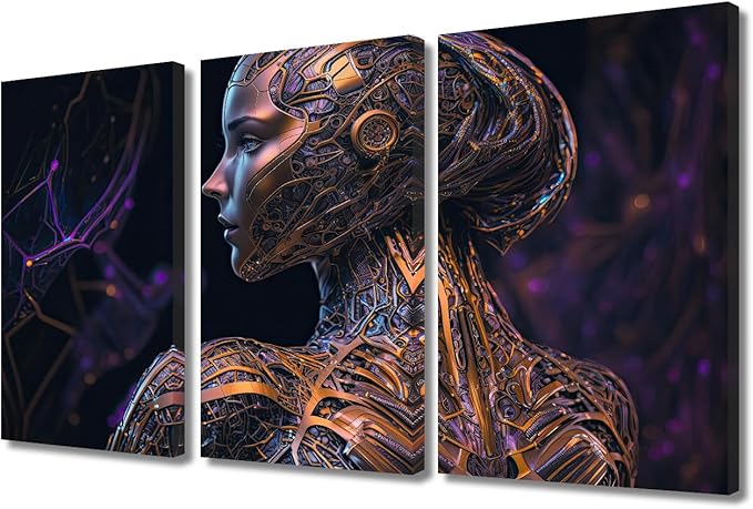 TUMOVO 3 Panel Modern Wall Art Artificial Intelligence Print on Canvas Wall Art for Living Room Bedroom Bathroom Decoration, Cyborg Artwork Stretched Framed Ready to Hang, 36" Wx24 H