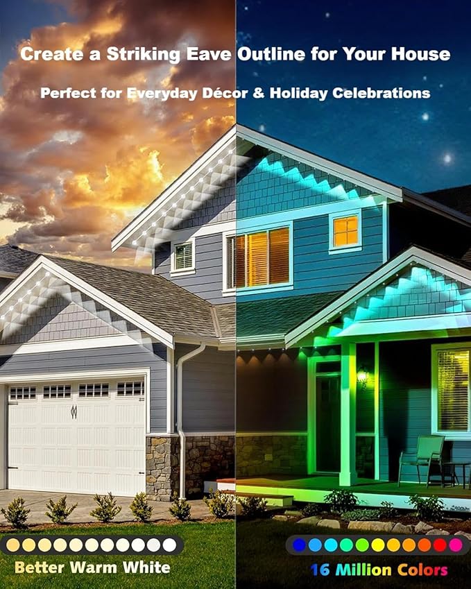 Permanent Outdoor Lights Pro,100ft RGB+IC Smart Outdoor Decor,App/Remote,Christmas,Halloween,Multi Scene Modes,IP67 Waterproof,Eaves Light with Daily & Holiday Party Decor,House Roof Lighting