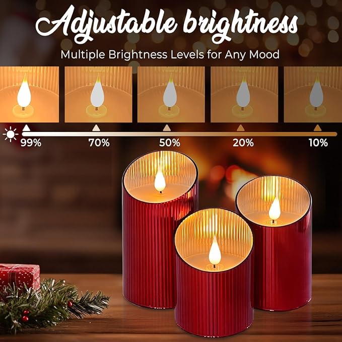 Rechargeable Flameless Candle, Flickering LED Pillar Glass Fake Candle with Remote and Timer, Built-in Battery Real Wax Electronic Candle for Room Decoration, Set of 3