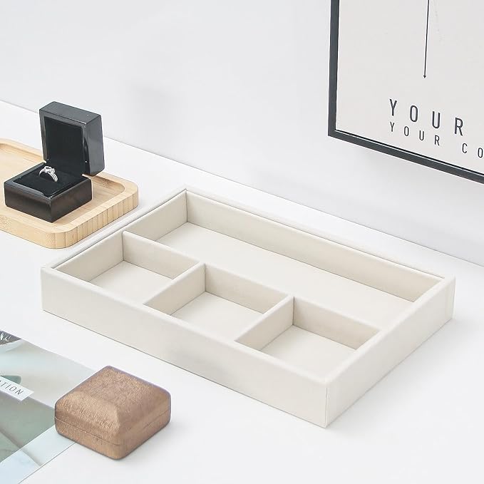 Beige 4Grid Bedside Organizer - Multi-use Holder for Desk, Nightstand, Drawer - Catchall Tray for Jewelry, Sunglasses, Phone, Watch, Perfume, Lipstick