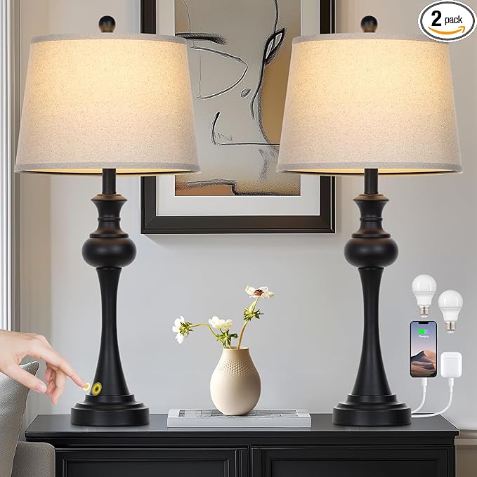 28.75 " 3-Way Touch Control Modern Table Lamp Set of 2 for Living Room , Bedside Lamp with USB A+C Ports, Mid Century Black Table Lamps, Nightstand Lamps Set ,Beige Fabric Shade Vintage Accent Style