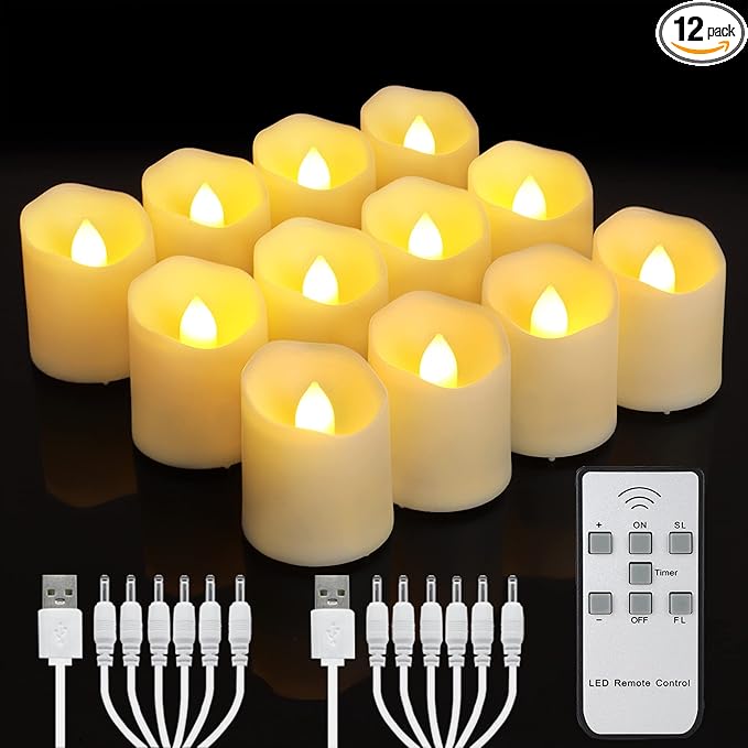 Rechargeable Flameless Tea Lights Candles with Timer & Remote, 12pcs Flickering LED Votive Candles with 2 USB Charging Cables, Warm White Light Electric Fake Candle for Home, Halloween Xmas Decor