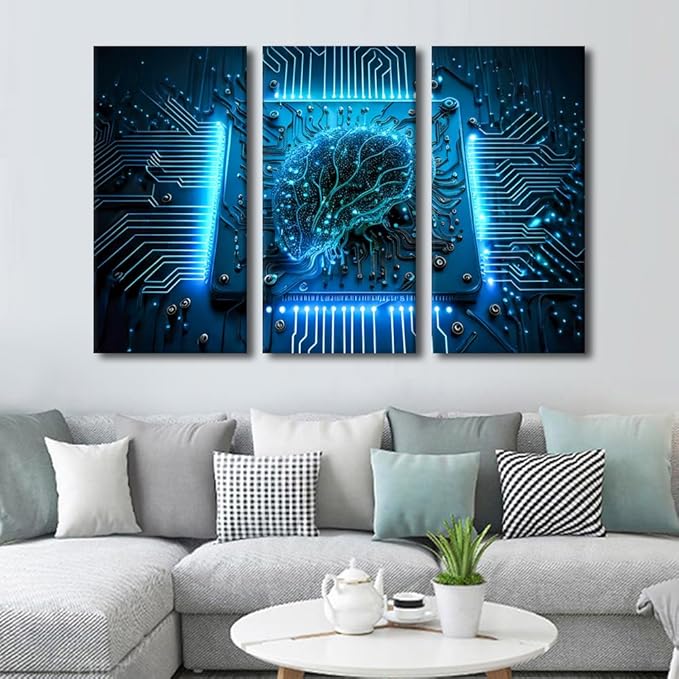 TUMOVO Wall Art for Living Room Artificial Intelligence Posters and Prints 3 Panel Computer Processor Canvas Print Kit for Home Wall Decoration, Modern Artwork Framed Ready to Hang, 60" Wx40 H