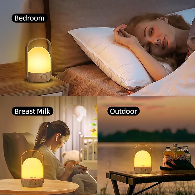 Night Light - Dimmable Touch Lamp with 5 Brightness Colors, with Portable Handle, Type-C Rechargeable with Battery, for Bedroom/Side Table (Wood Bottom)