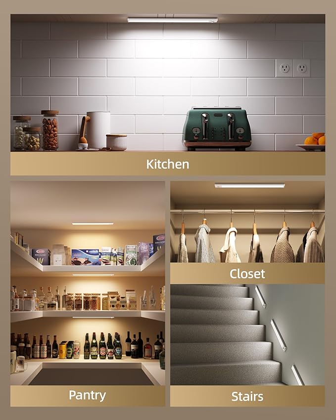 6-Pack Under Cabinet Lighting Wireless, LED Motion Sensor Light Indoor, Rechargeable Closet Lights Battery Operated, Dimmable & 3 Color Temps, Under Counter Lights for Kitchen, Stairs(14inch)
