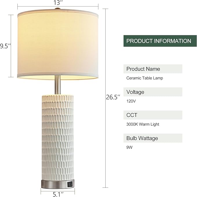 26.5" Ceramic Table Lamp Set of 2, 3 Way Dimmable Touch Control Table Lamp with 2 USB Charging Ports for Bedroom Living Room, Modern Nightstand Lamp End Table Lamps, Bulbs Included