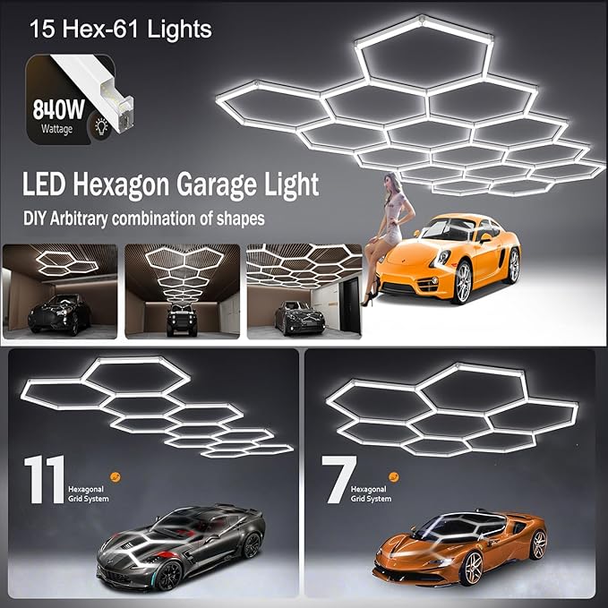 61Lights LED Hexagon Garage Lights,15-Hex Honeycomb Lights 68800Lumens Hexagon DIY Super Bright Car Detailing Ceiling 688W LED Shop Light for Warehouse Workshop Gym Basement