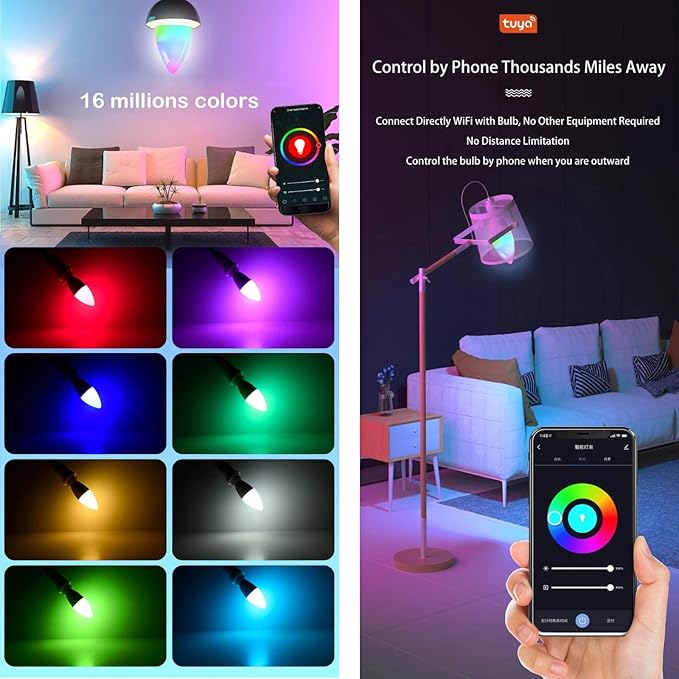 Candelabra Smart Light Bulbs 60W Equivalent, 450LM 5W LED Bulb Compatible with Alexa/Google Home, RGBCW 16 Million Color Changing Light Candle Bulb, No Hub Required, 2.4G (E12) (2)