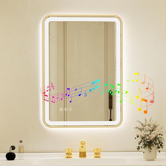 24x32 Inch Gold Framed LED Bathroom Mirror with Lights, Built-in Bluetooth Speaker, Dimmable Lighted Bathroom Vanity Mirror with 3 Colors, Backlit + Frontlit, Memory, Anti-Fog