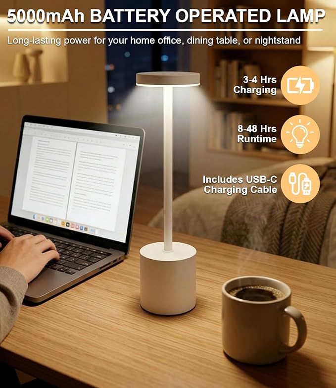 White Rechargeable Cordless Table Lamps Set, 5000mAh Battery Powered Wireless Table Light, Portable LED Desk Lamp, 3 Color Dimmable Lighting for Restaurant Dining Patio Outdoor Bedroom