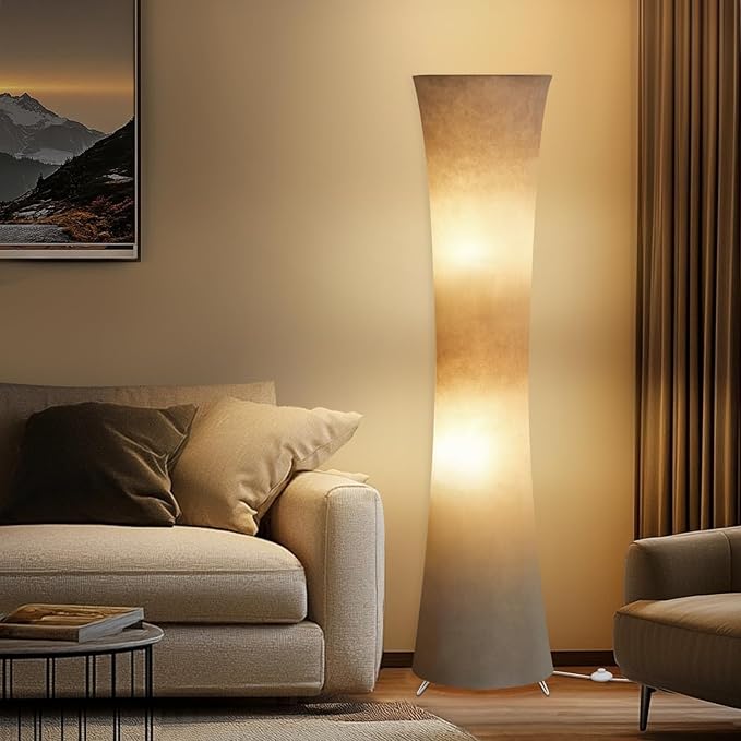 GyroVu 46" Modern Floor Lamps for Living Room, LED Column Standing Floor Lamp with Color Temperature Adjustable & Gray Fabric Lampshade for Corner, Bedroom, Office & Kid's Room - Bulbs Included