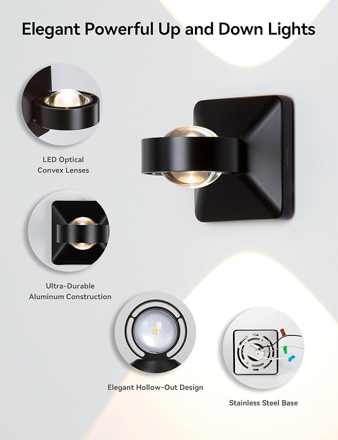 Tubicen Dimmable Wall Sconce Indoor Hardwired 8W Bright Focus LED Up Down Wall Lights for Living Room Hallway Stairway Movie Theater Sconces Lighting Black 3000K Warm White
