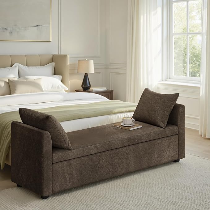 59.5" Modern Storage Ottoman Bedroom Bench, End of Bed Bench with Arms and Throw Pillows, Footrest Stool for Living Room, Dining Room, Entryway and Hallway, Taupe