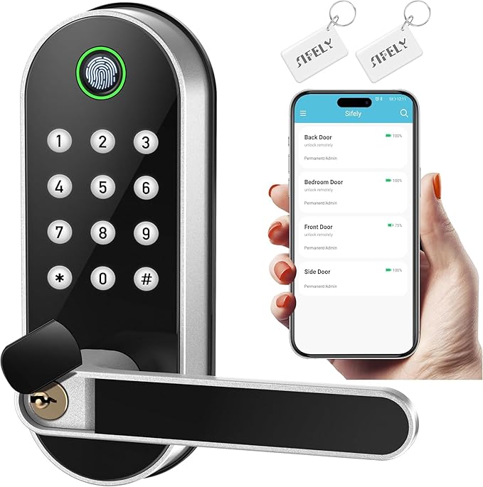 Fingerprint Smart Door Lock with Handle & Keypad – Bluetooth Keyless Entry for Front Door, Home, Kids, Guests, Airbnb & Rental, App + Code Access, Compatible with Alexa & Google, Easy DIY Install