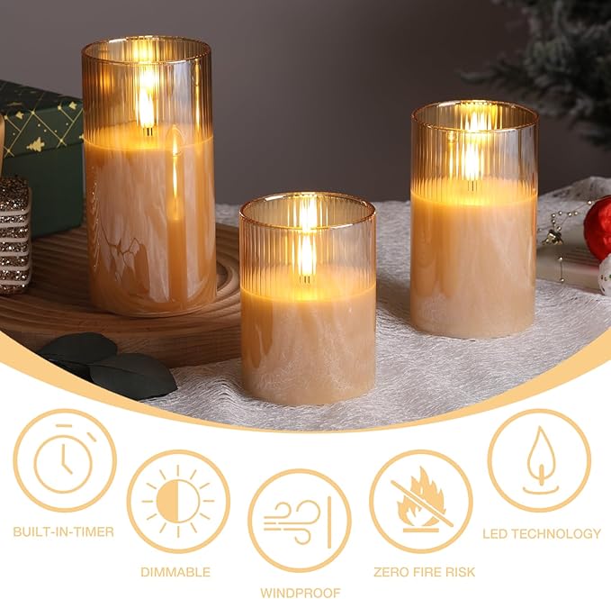 Eywamage Gold Ribbed Glass Flameless Pillar Candles with Remote, Flickering LED Wax Candles Battery Operated Set of 3